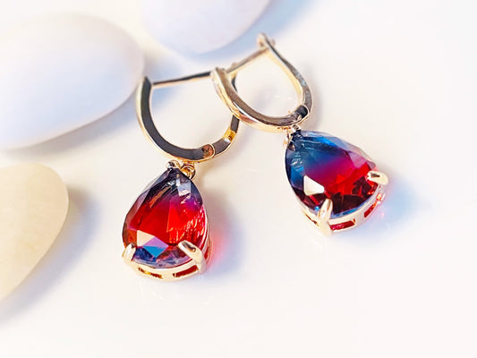 Bicolor red blue tourmaline dangle earrings, red and navy gemstone teardrop earrings, gift for her, gift for mom, July birthstone