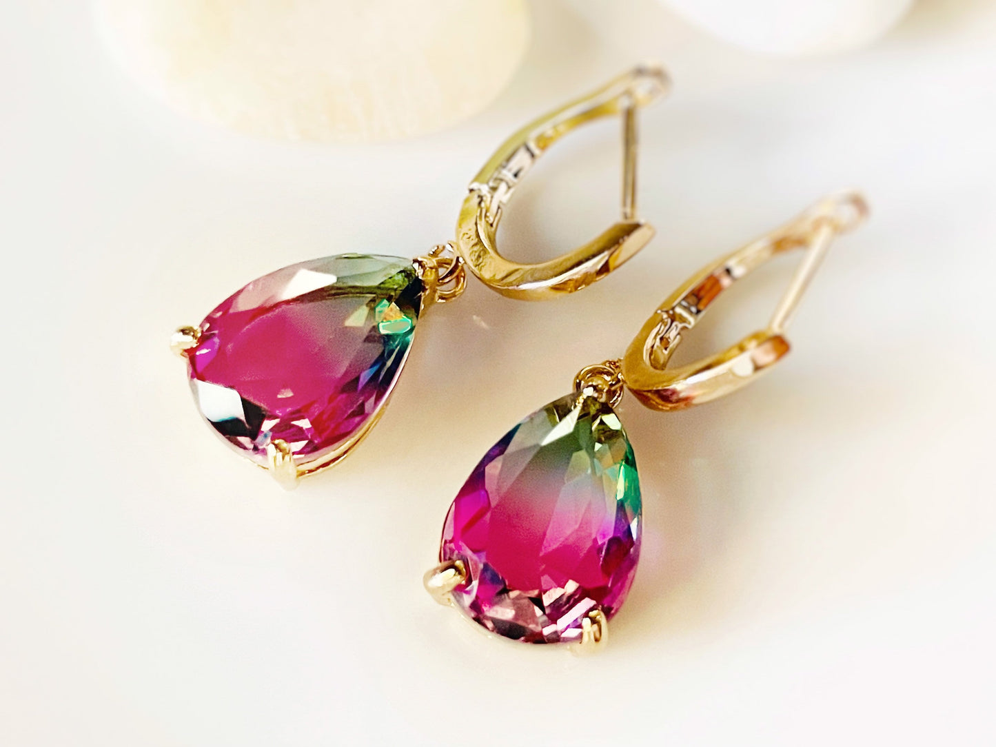 Bicolor watermelon tourmaline dangle earrings gold, green pink gemstone drop earrings, gift for her, gift for mom