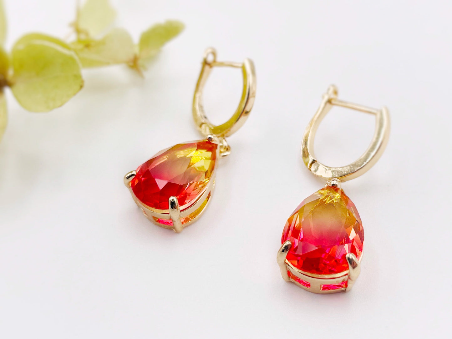 Teardrop bi-color imperial topaz dangling earring in 14K gold, orange pink topaz drop earrings, gift for her, gift for mom