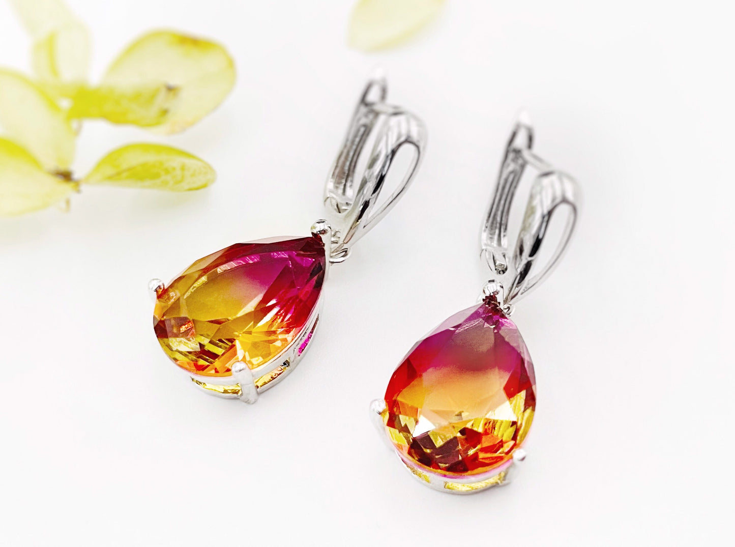 Large bi-color imperial topaz dangling earrings, orange pink topaz drop earrings, gift for her, gift for mom