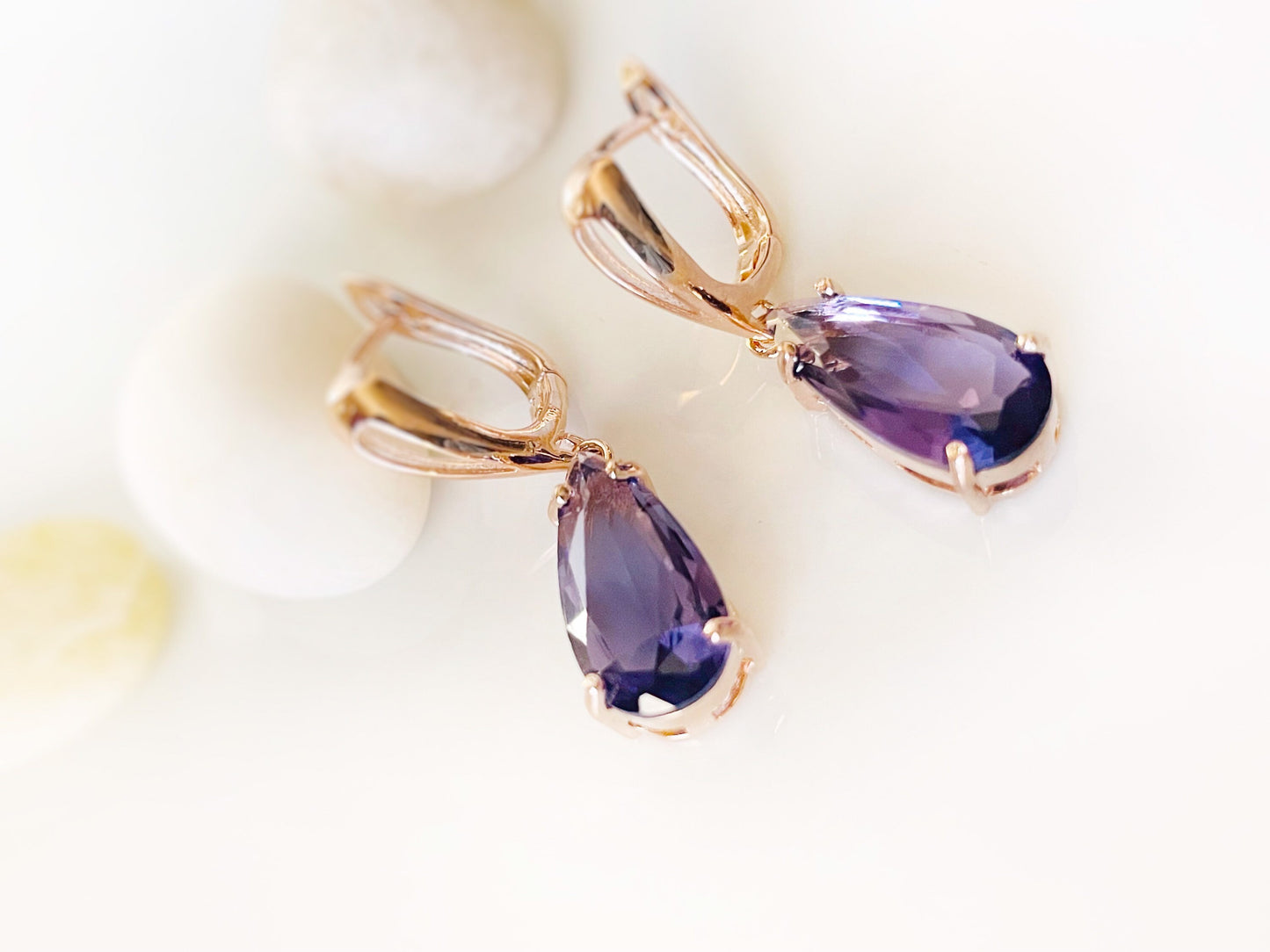 Teardrop amethyst dangling earring in 18K white gold, amethyst drop earrings, gift for her, gift for mom, February birthstone