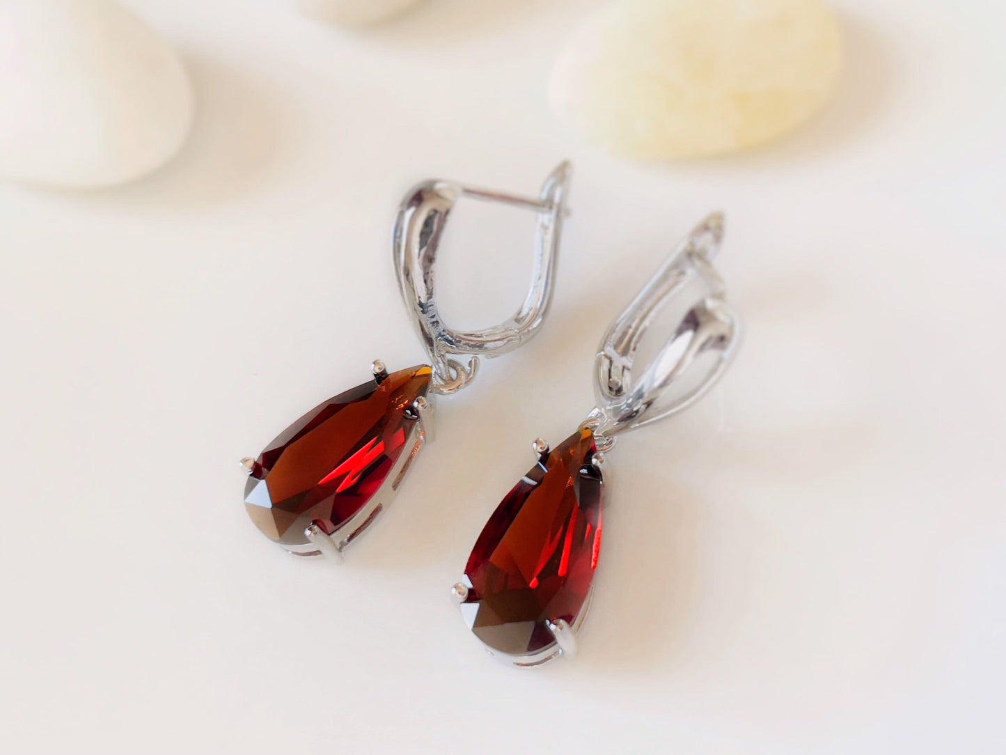 Large garnet teardrop dangle earring, January birthstone earrings, red gemstone drop earrings, gift for her, gift for mom