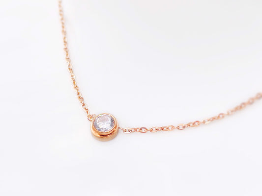 White sapphire solitaire necklace in 18K rose gold, bezel solitaire dainty necklace, gift for her, gift for Mother’s Day