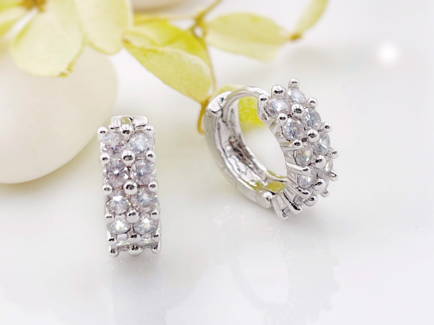 White sapphire 14mm mini hoop earrings in 18K white gold, double rows gemstone huggies, pierced ear cuff, gift for her