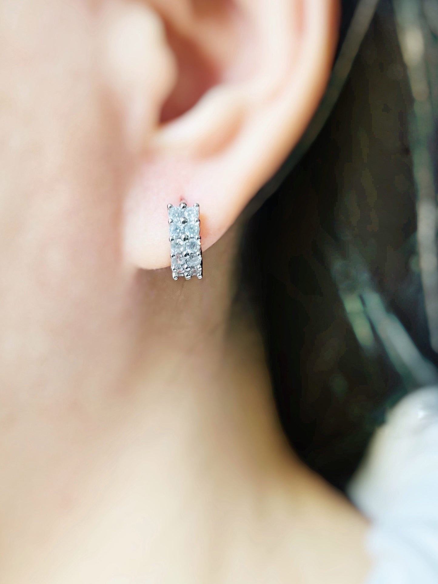 White sapphire 14mm mini hoop earrings in 18K white gold, double rows gemstone huggies, pierced ear cuff, gift for her