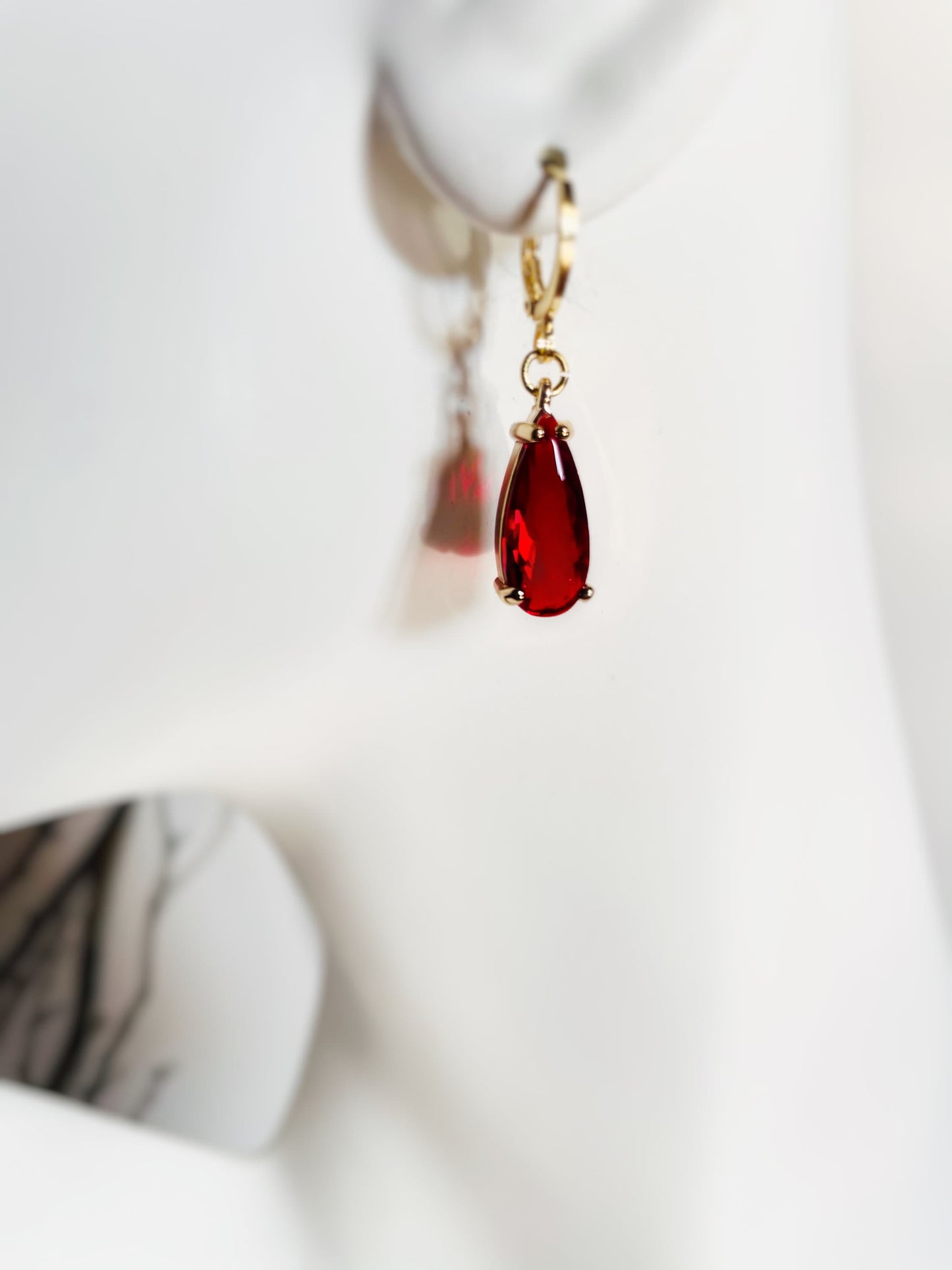 Teardrop garnet gemstone huggie dangling earrings gold, elongated dark dark red gemstone drop earrings, gift for her, January birthstone