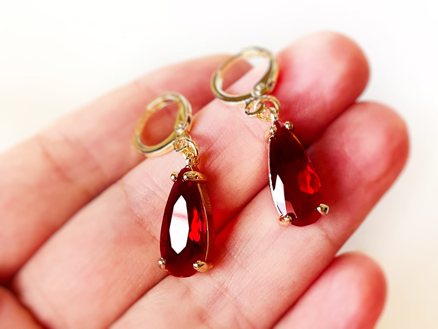 Teardrop garnet gemstone huggie dangling earrings gold, elongated dark dark red gemstone drop earrings, gift for her, January birthstone