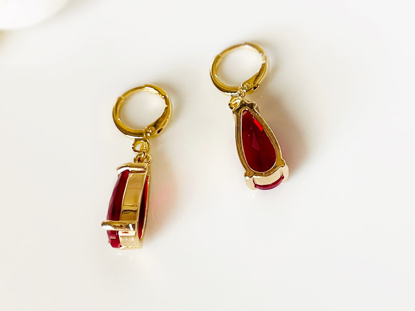 Teardrop garnet gemstone huggie dangling earrings gold, elongated dark dark red gemstone drop earrings, gift for her, January birthstone