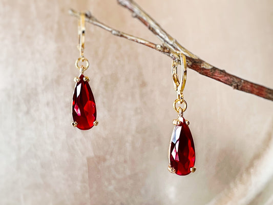 Teardrop garnet gemstone huggie dangling earrings gold, elongated dark dark red gemstone drop earrings, gift for her, January birthstone