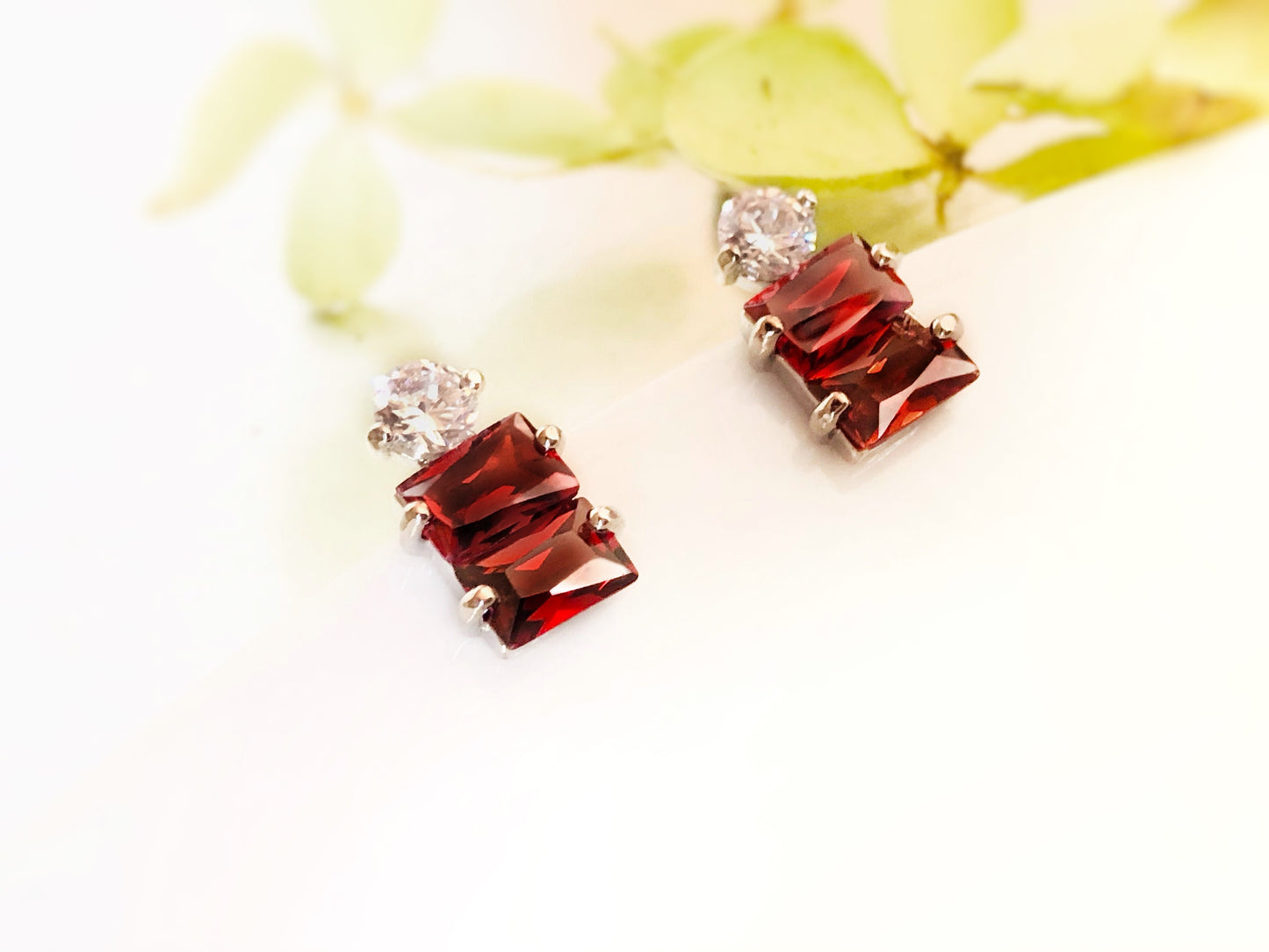 Garnet white sapphire three stone stud earrings in 18k white gold, red stud earrings, for her, gift for mom, Jan birthstone earrings