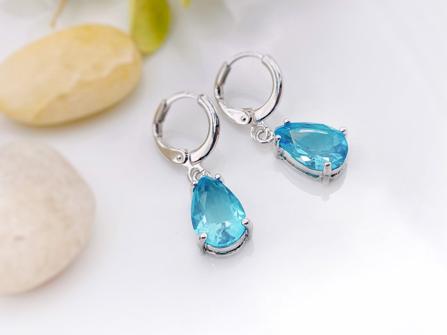 Blue topaz huggie dangle earrings, December birthstones, blue gemstone teardrop earrings, gift for her, gift for mom