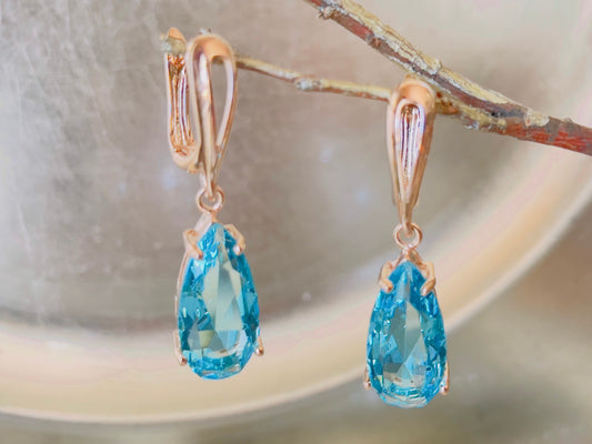 Teardrop blue topaz dangling earring in 14K rose gold, gift for her, gift for mom, December birthstone