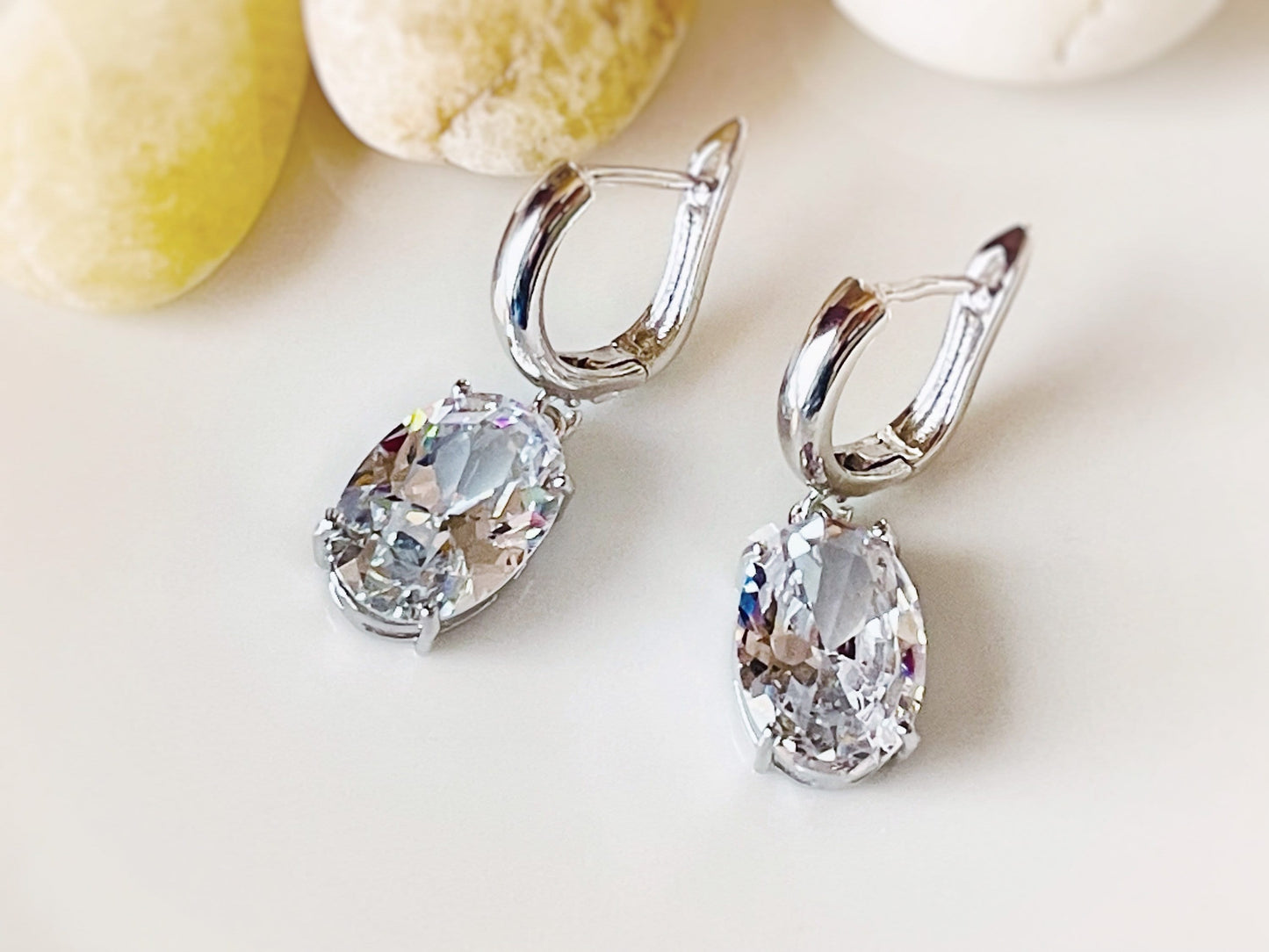 Large cushion cut white sapphire dangling earring in 18K white gold, gift for her, gift for mom, bridal earrings, April birthstone