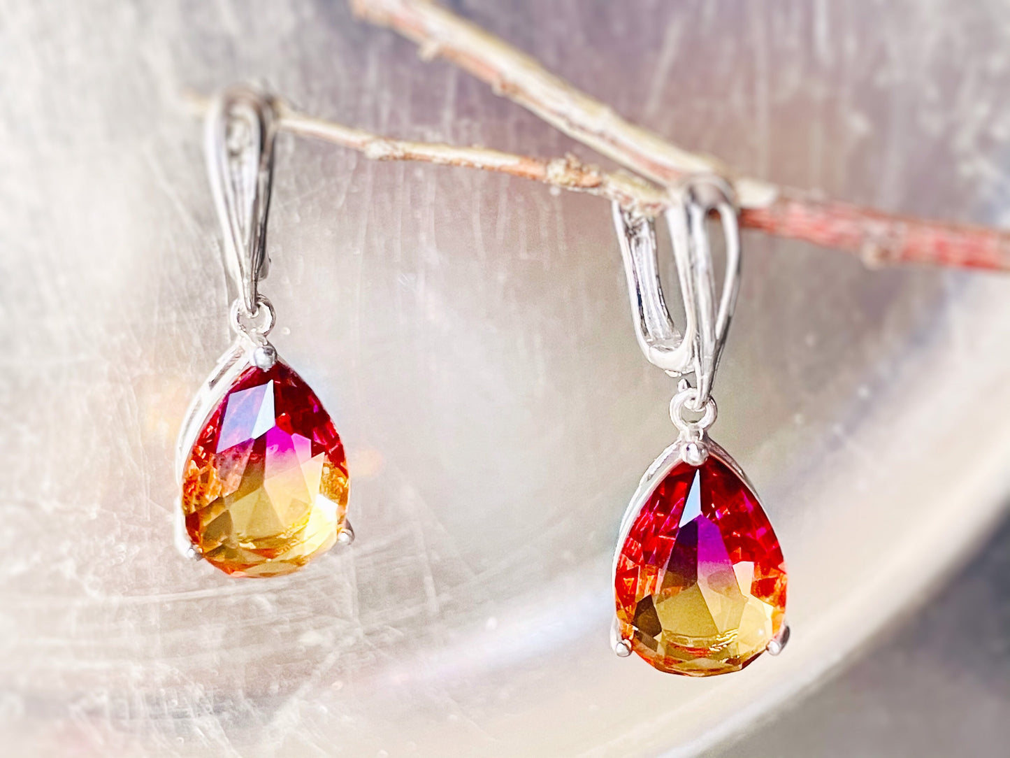 Large bi-color imperial topaz dangling earring in 18k white gold, orange pink topaz drop earrings, gift for her, gift for mom.