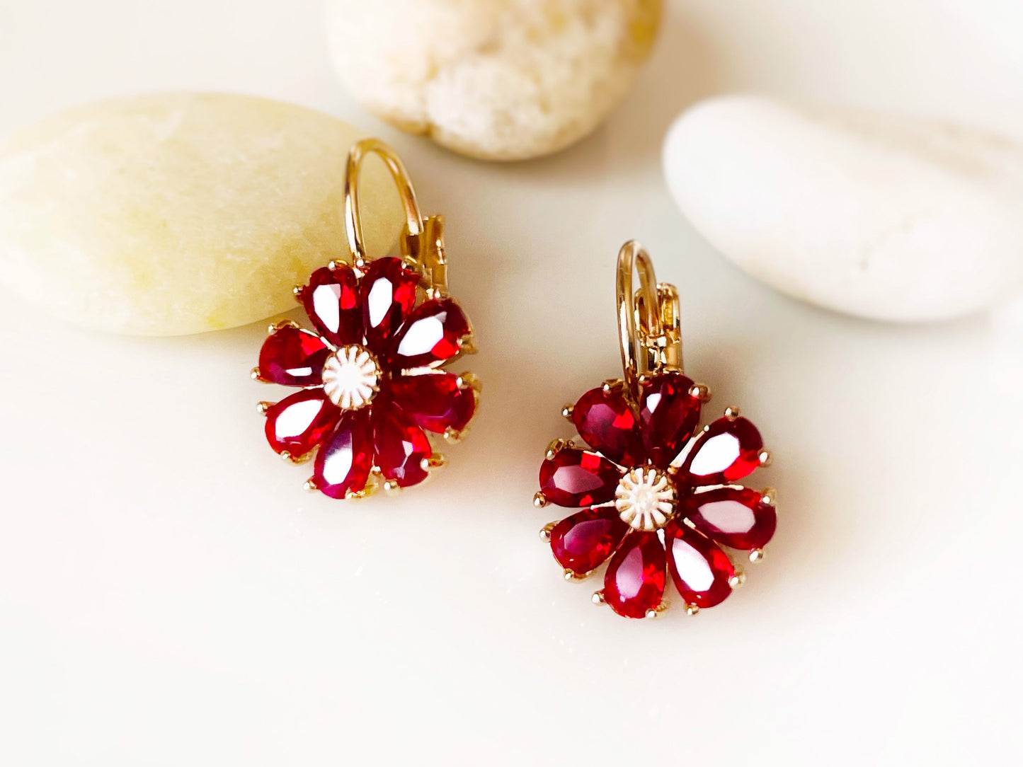 Ruby flower dangle earrings, red gemstone daisy flower drop earrings, July birthstone earrings, gift for mom, gift for her