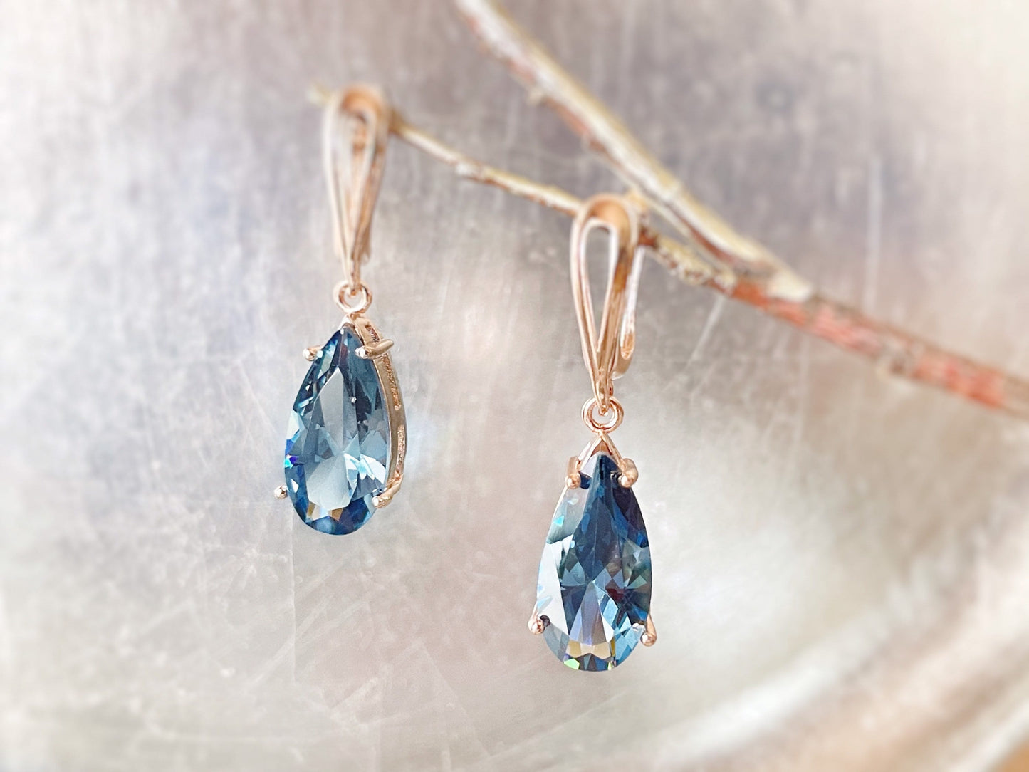 London blue topaz dangling earring in 14K rose gold, gift for her, gift for mom, December birthstone