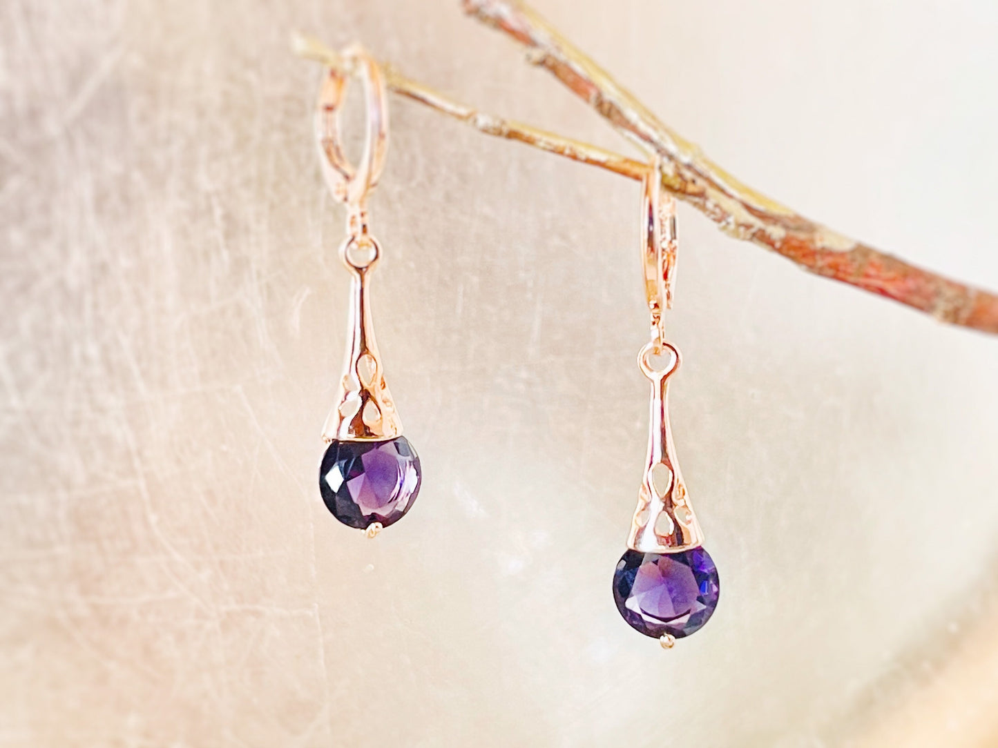 Amethyst filigree dangle earrings, dark purple gemstone filigree drop earrings, gift for her, gift for daughter, February birthstone