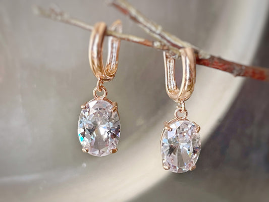 Large cushion cut white sapphire dangling earring in 14K rose gold, gift for her, gift for mom, bridal earrings