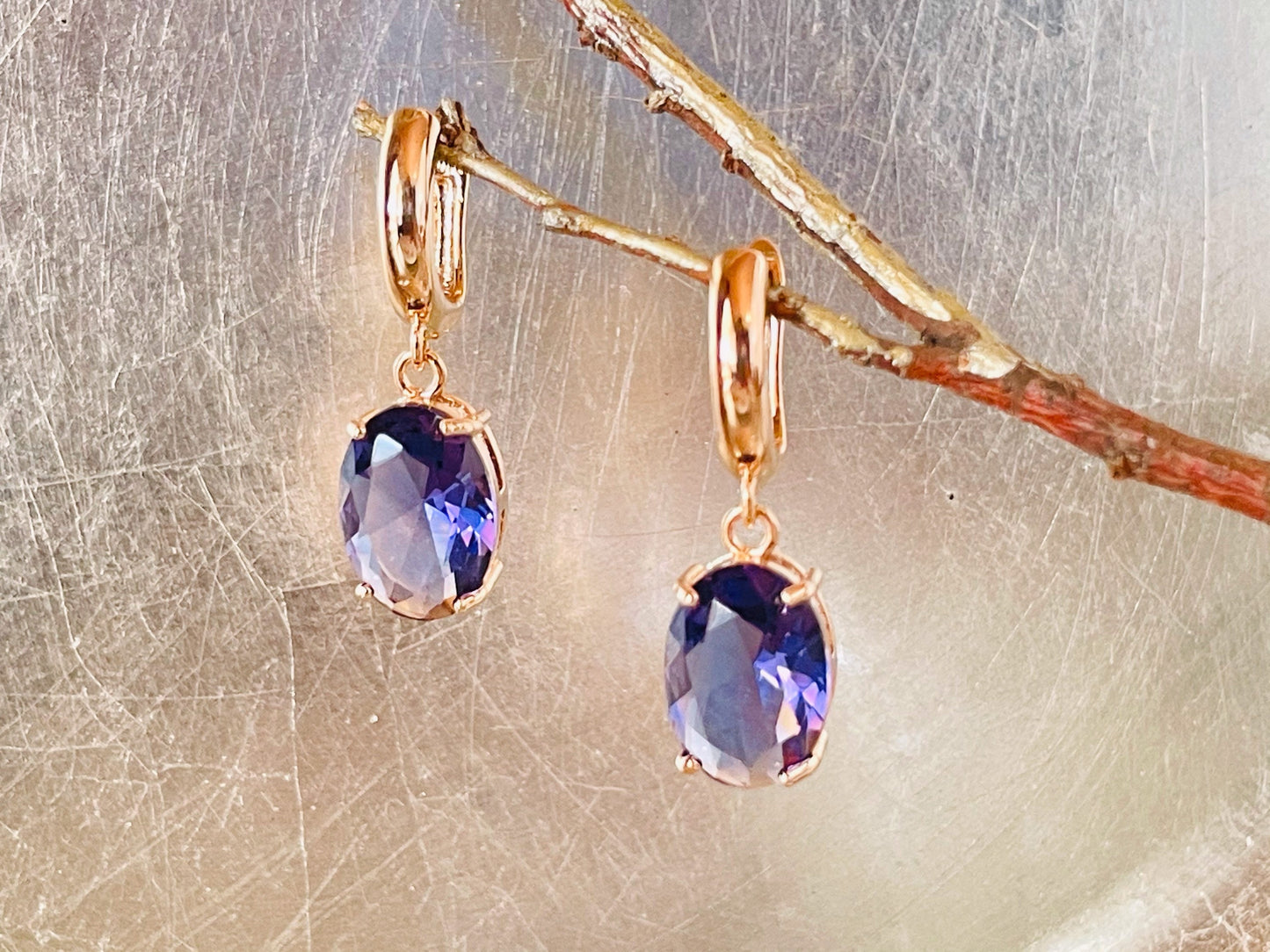 Large cushion cut amethyst dangle earrings, purple gemstone drop earrings, gift for her, gift for mom, bridal earrings, February birthstone