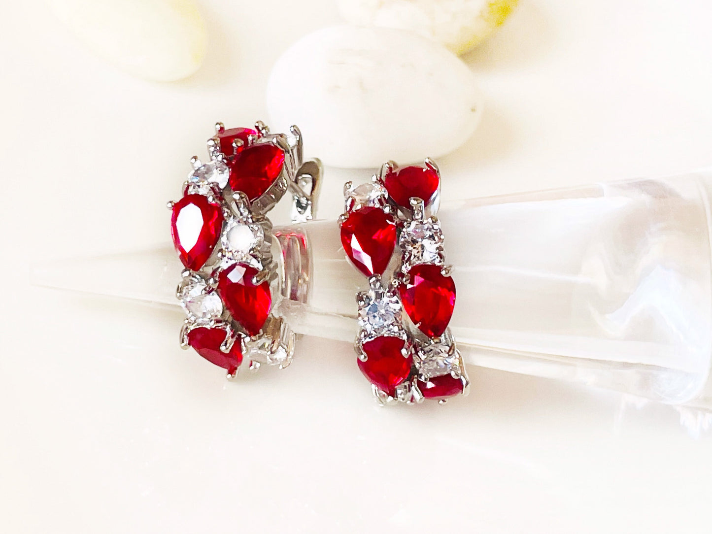 Ruby cluster large hoop earrings, red white gemstone statement hoop earrings, gift for mom, gift for her, July birthstone