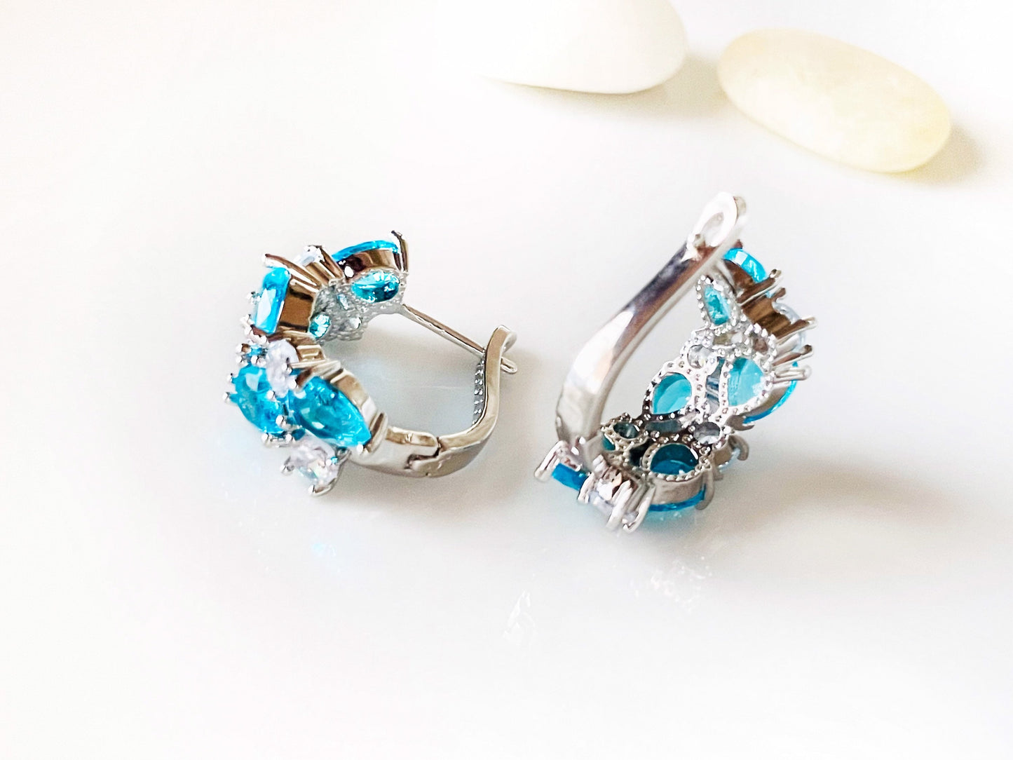 Blue topaz white sapphire statement hoop earrings, blue white gemstone 1” hoops, December birthstone, gift for mom, gift for her