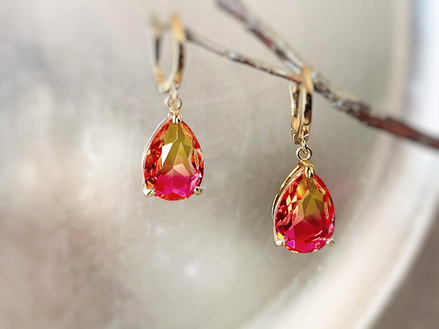 Teardrop bi-color imperial topaz dangling earring in 14K gold, orange pink topaz drop earrings, gift for her, gift for mom