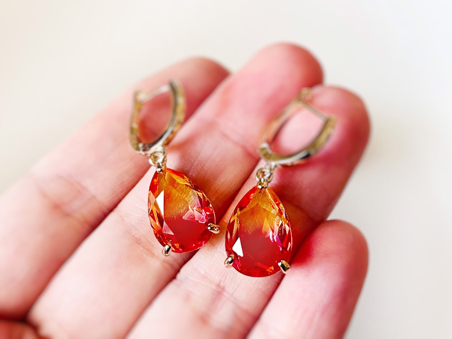 Teardrop bi-color imperial topaz dangling earring in 14K gold, orange pink topaz drop earrings, gift for her, gift for mom