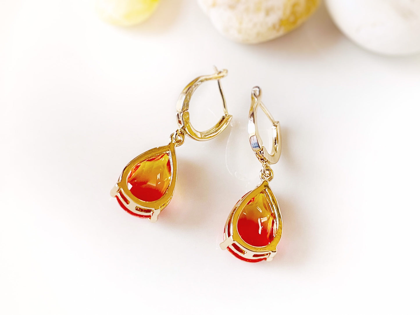 Teardrop bi-color imperial topaz dangling earring in 14K gold, orange pink topaz drop earrings, gift for her, gift for mom