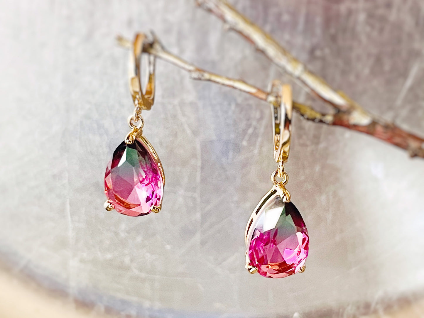 Bicolor watermelon tourmaline dangle earrings gold, green pink gemstone drop earrings, gift for her, gift for mom