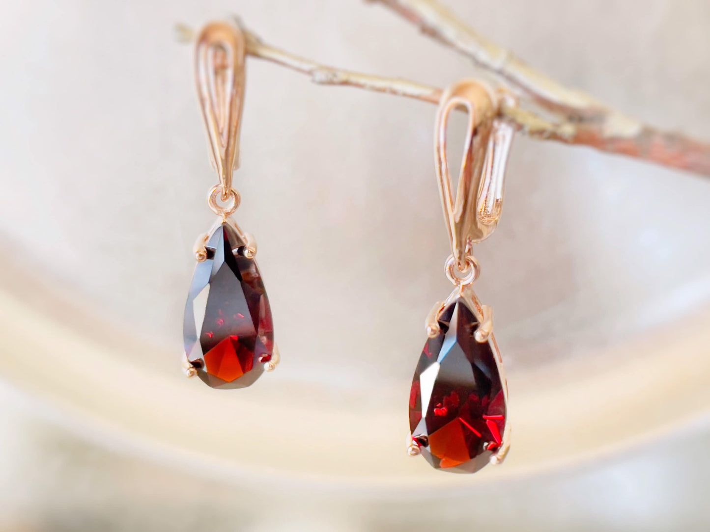 Large garnet teardrop dangle earring, January birthstone earrings, red gemstone drop earrings, gift for her, gift for mom