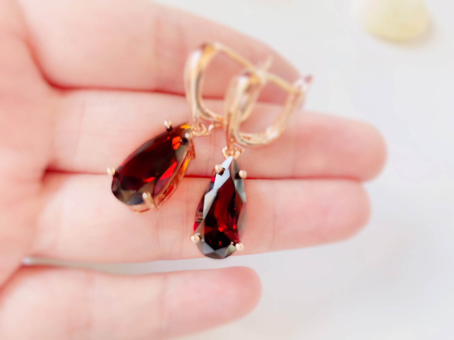 Large garnet teardrop dangle earring, January birthstone earrings, red gemstone drop earrings, gift for her, gift for mom