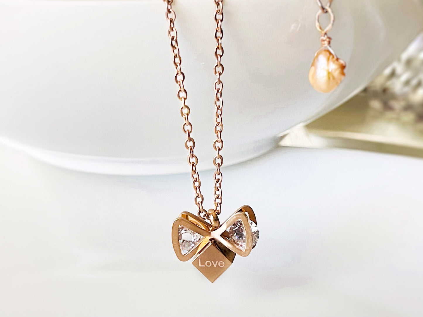 LOVE Pendant Necklace in 18K Rose Gold Fillled, white sapphire love dainty necklace, , Gift for Women, Gift for Mom, valentines gift