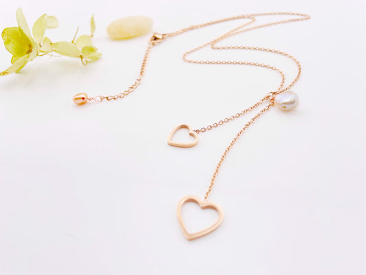 Double heart pearl lariat necklace in 18K rose gold, baroque pearl Y necklace, valentines gift, gift for her