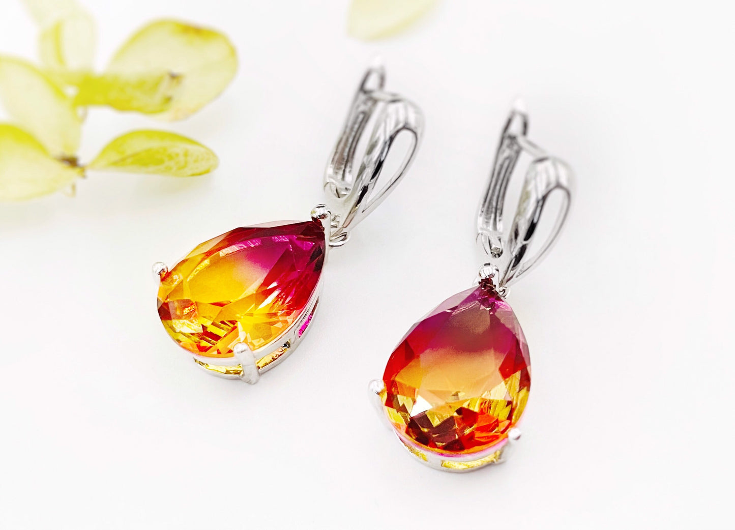 Large bi-color imperial topaz dangling earring in 18k white gold, orange pink topaz drop earrings, gift for her, gift for mom.