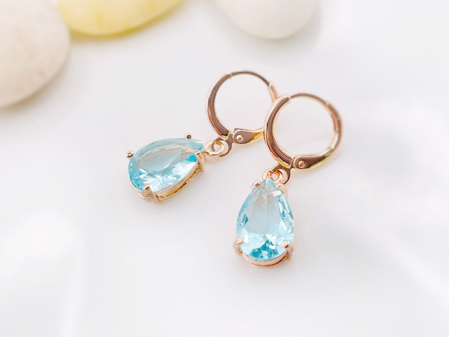 Aquamarine gemstone huggie dangle earrings, March birthstones, blue gemstone teardrop earrings, gift for her, gift for mom