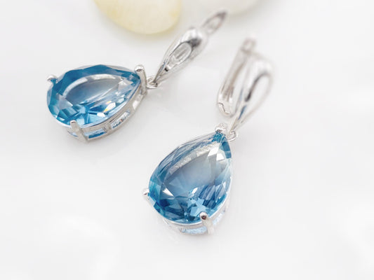 Large bicolor blue topaz teardrop dangle earrings, gradient blue gemstone drop earrings, gift for her, gift for mom, December birthstone