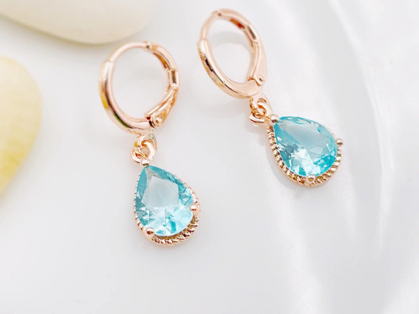 Aquamarine teardrop dangle earrings, light blue gemstone bezel drop earrings, gift for girls, gift for her, March birthstones