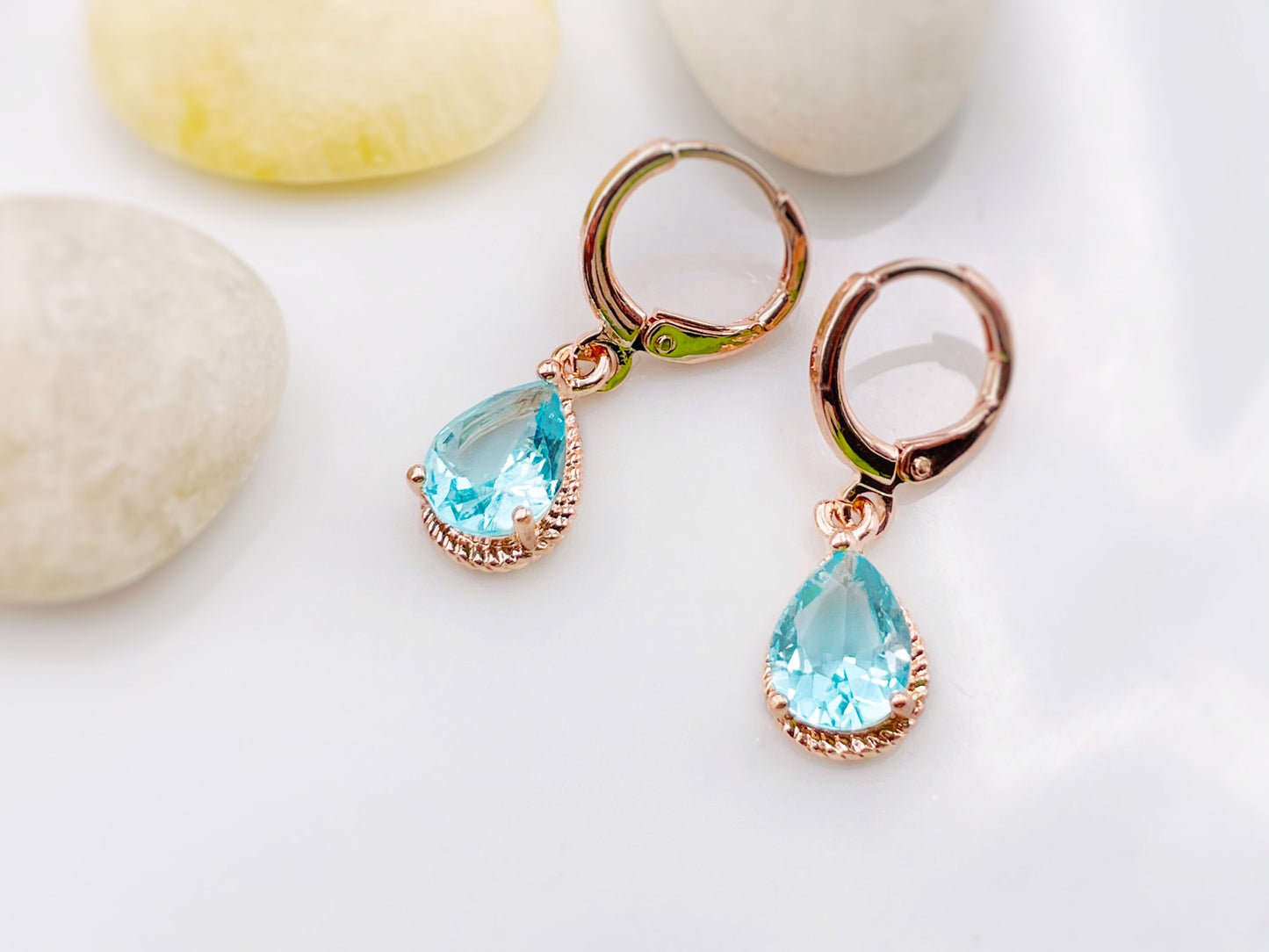 Aquamarine teardrop dangle earrings, light blue gemstone bezel drop earrings, gift for girls, gift for her, March birthstones