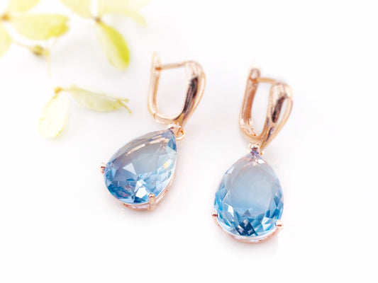 Large blue topaz pear shaped dangling earring in 14K rose gold, gift for her, gift for mom, blue bridesmaids earrings