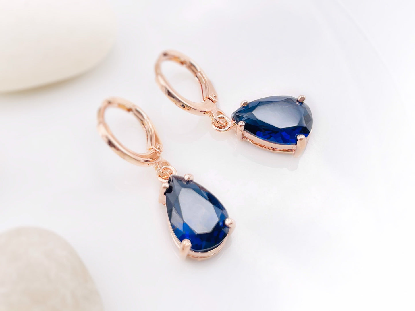 Sapphire teardrop dangle earrings, September birthstone, navy blue gemstone earrings, gift for her, gift for girl, bridesmaids gift