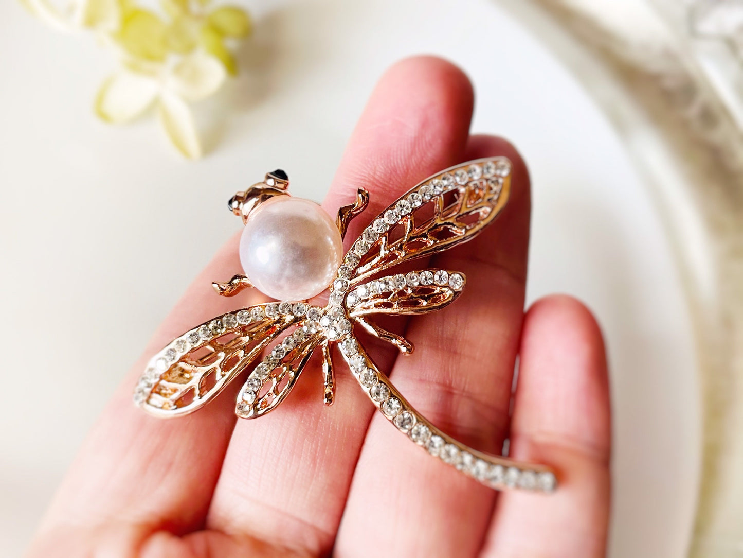 Crystal pearl dragonfly brooch, pink dragonfly crystal pearl brooch pin, gift for her, gift for mom