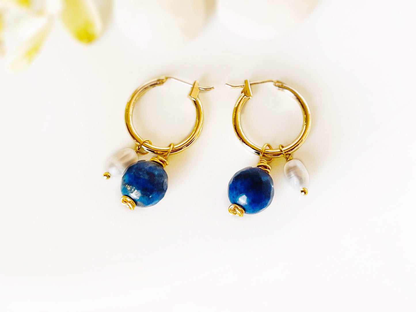 Lapis lazuli pearl gold hoop earrings, handmade natural gemstone pearl earrings, gift for her, gift for mom