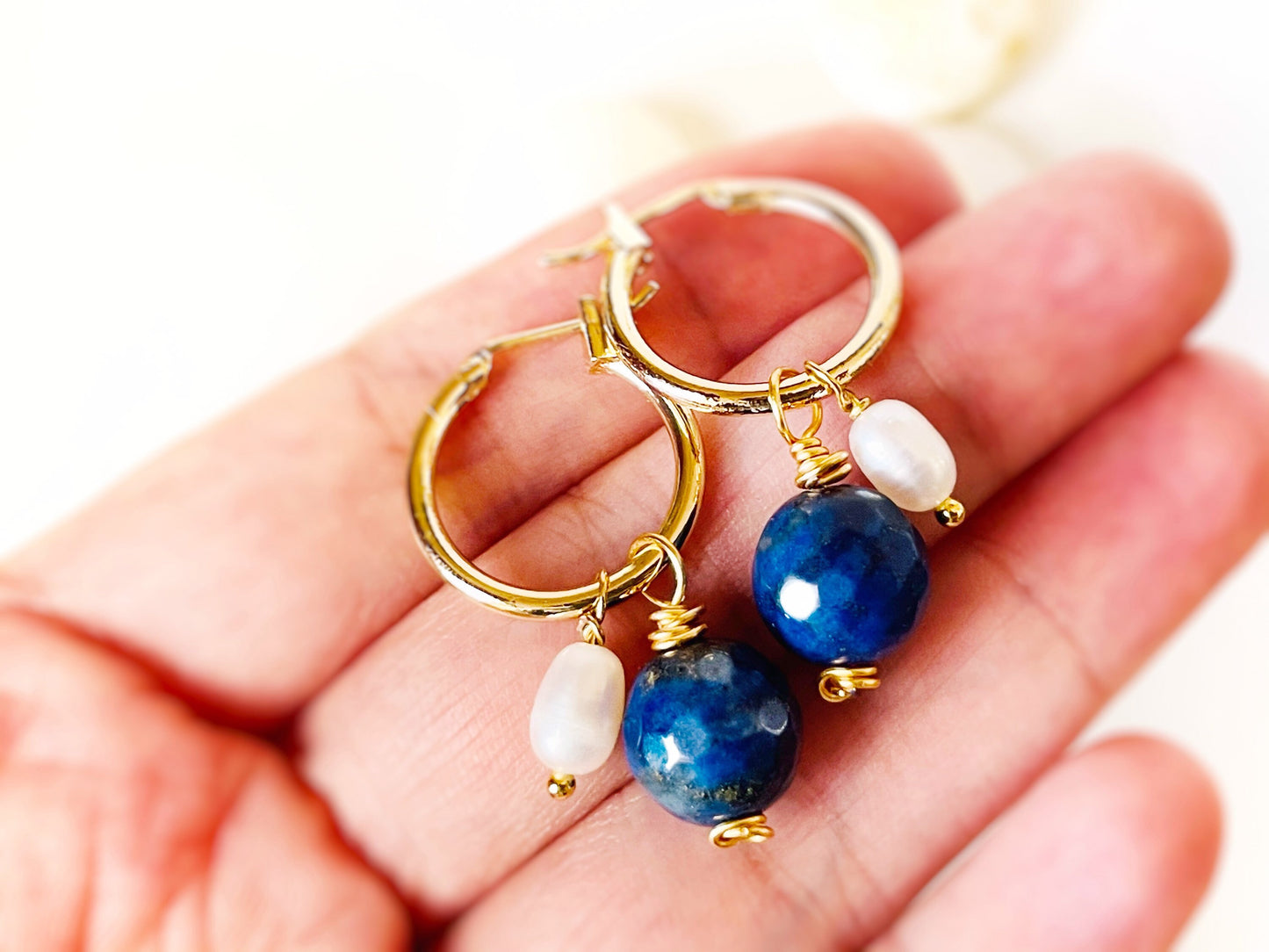 Lapis lazuli pearl gold hoop earrings, handmade natural gemstone pearl earrings, gift for her, gift for mom