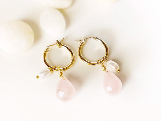 Rose quartz pearl gold hoop earrings, handmade natural pink quartz gemstone pearl earrings, October birthstone, gift for her, gift for mom