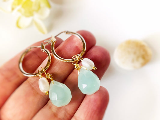 Aquamarine pearl gold hoop earrings, handmade natural gemstone pearl earrings, gift for her, gift for mom, March birthstone