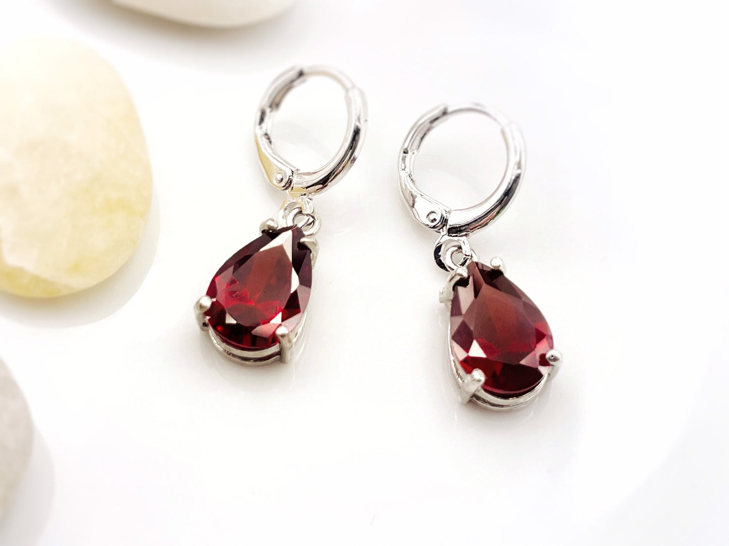 Teardrop garnet dangle earrings, red gemstone drop earrings, January birthstone, gift for her, gift for mom