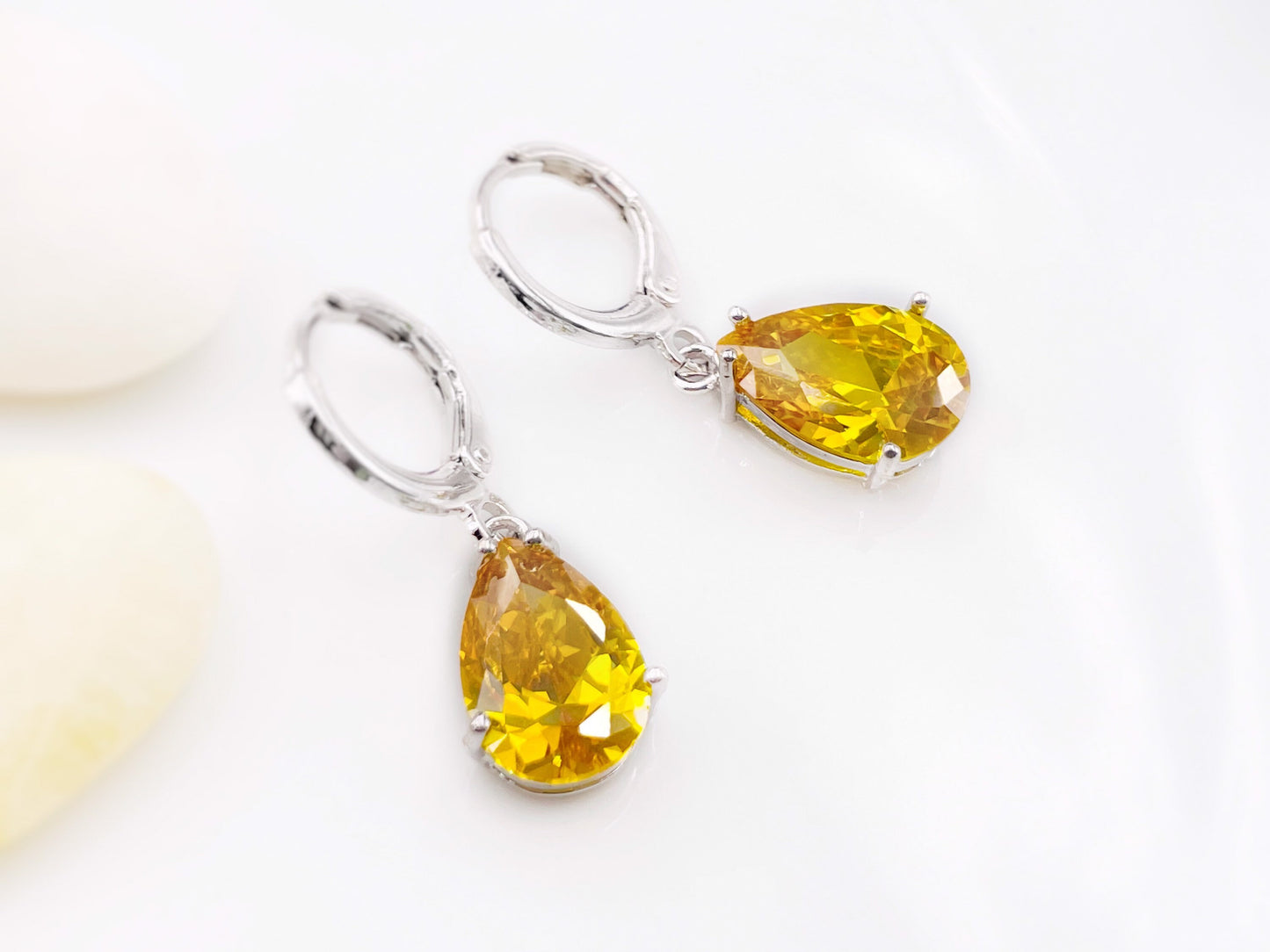 Citrine gemstone huggie dangling earring in 14K rose gold, November birthstone, yellow gemstone earrings, gift for her, gift for girl