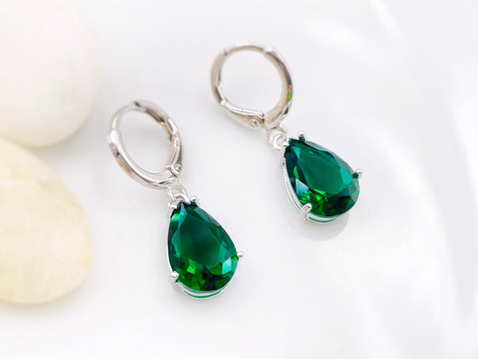 Emerald gemstone huggie dangle earrings, May birthstones, teardrop green gemstone earrings, gift for her, gift for girl