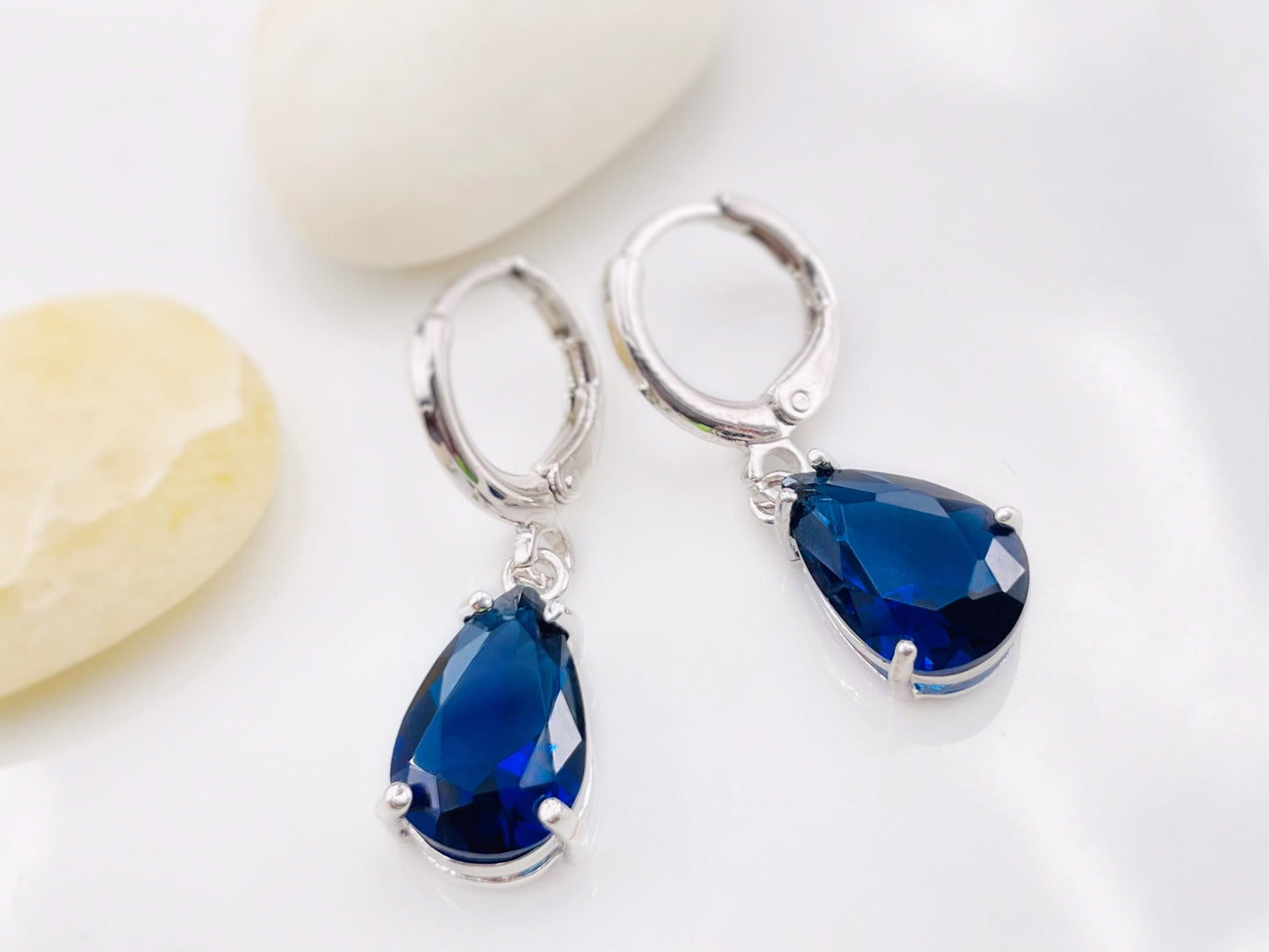 Sapphire teardrop dangle earrings, September birthstones, navy blue gemstone earrings, gift for her, gift for girl, bridesmaids earrings