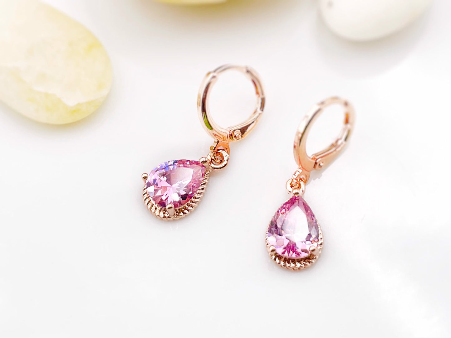 Pink sapphire gemstone huggie dangle earring in 14K gold, October birthstones, pink gem teardrop earrings, girl earrings, gift for her